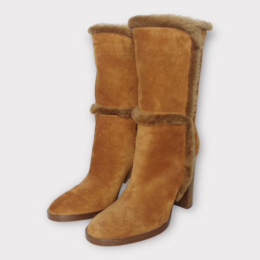 Gianvito Rossi Brown Suede Fur Trim Calf Heeled Boot