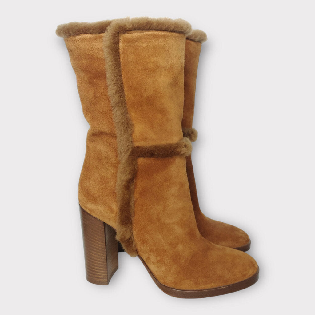 Gianvito Rossi Brown Suede Fur Trim Calf Heeled Boot