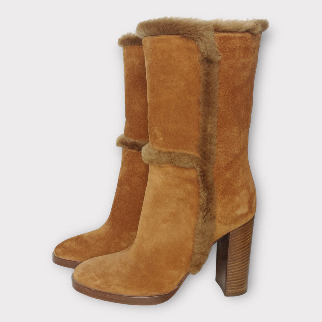 Gianvito Rossi Brown Suede Fur Trim Calf Heeled Boot