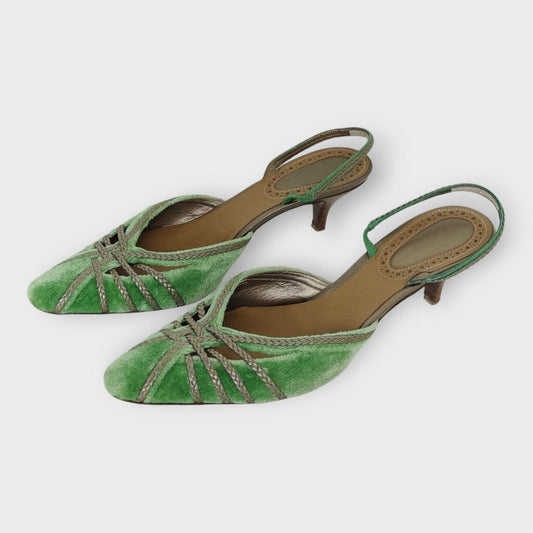 Green Velvet Braided Slingback Kitten Heel