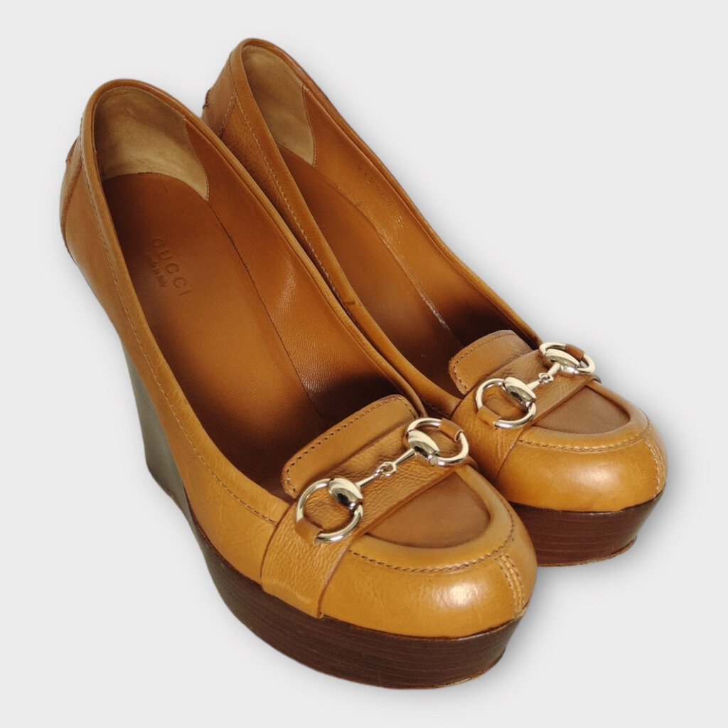 Gucci Tan Brown Leather Horsebit Wooden Wedge Heels