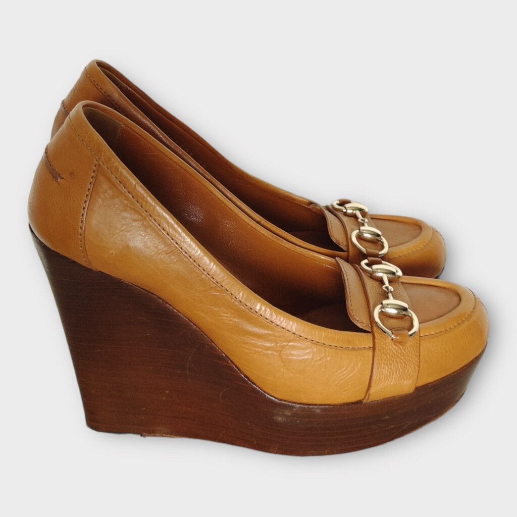 Gucci Tan Brown Leather Horsebit Wooden Wedge Heels