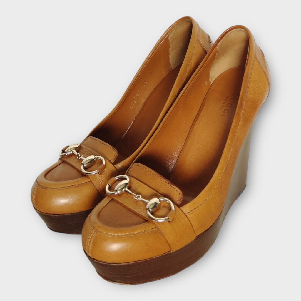 Gucci Tan Brown Leather Horsebit Wooden Wedge Heels