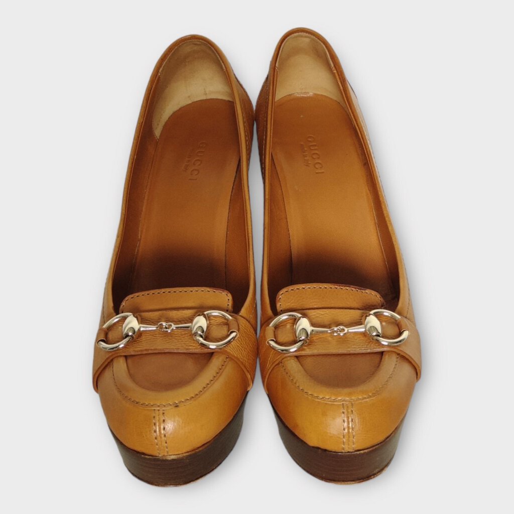 Gucci Tan Brown Leather Horsebit Wooden Wedge Heels