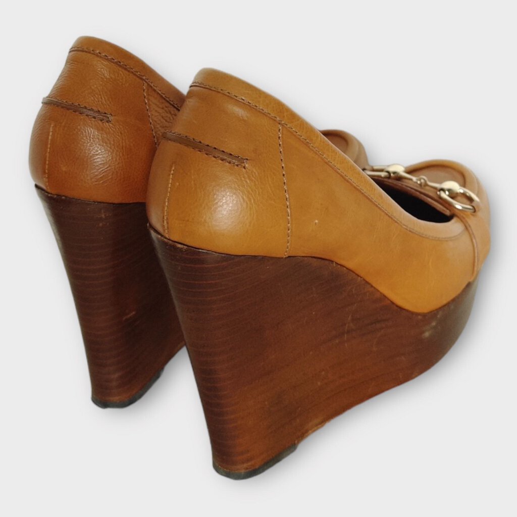 Gucci Tan Brown Leather Horsebit Wooden Wedge Heels