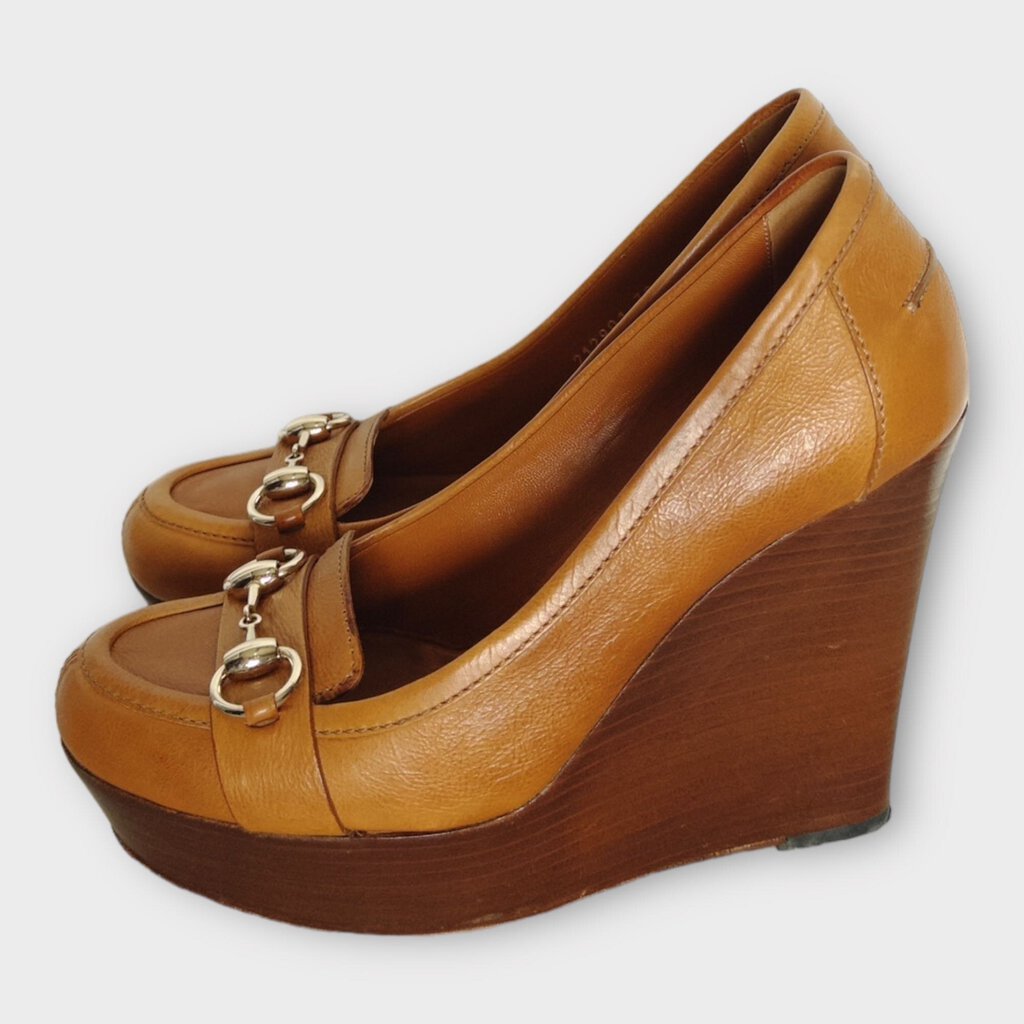 Gucci Tan Brown Leather Horsebit Wooden Wedge Heels