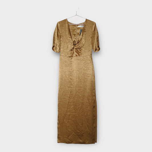 Anna Quan Brown Gold Crinkly V-Neck Twist Bias Maxi