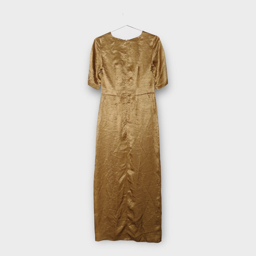 Anna Quan Brown Gold Crinkly V-Neck Twist Bias Maxi