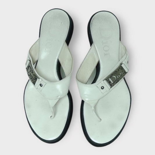 Christian Dior White Leather Thong Sandals with Silver Hardware