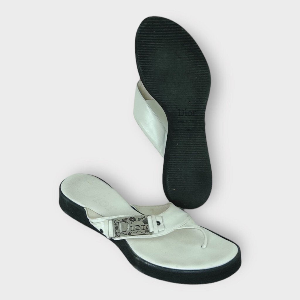 Christian Dior White Leather Thong Sandals with Silver Hardware