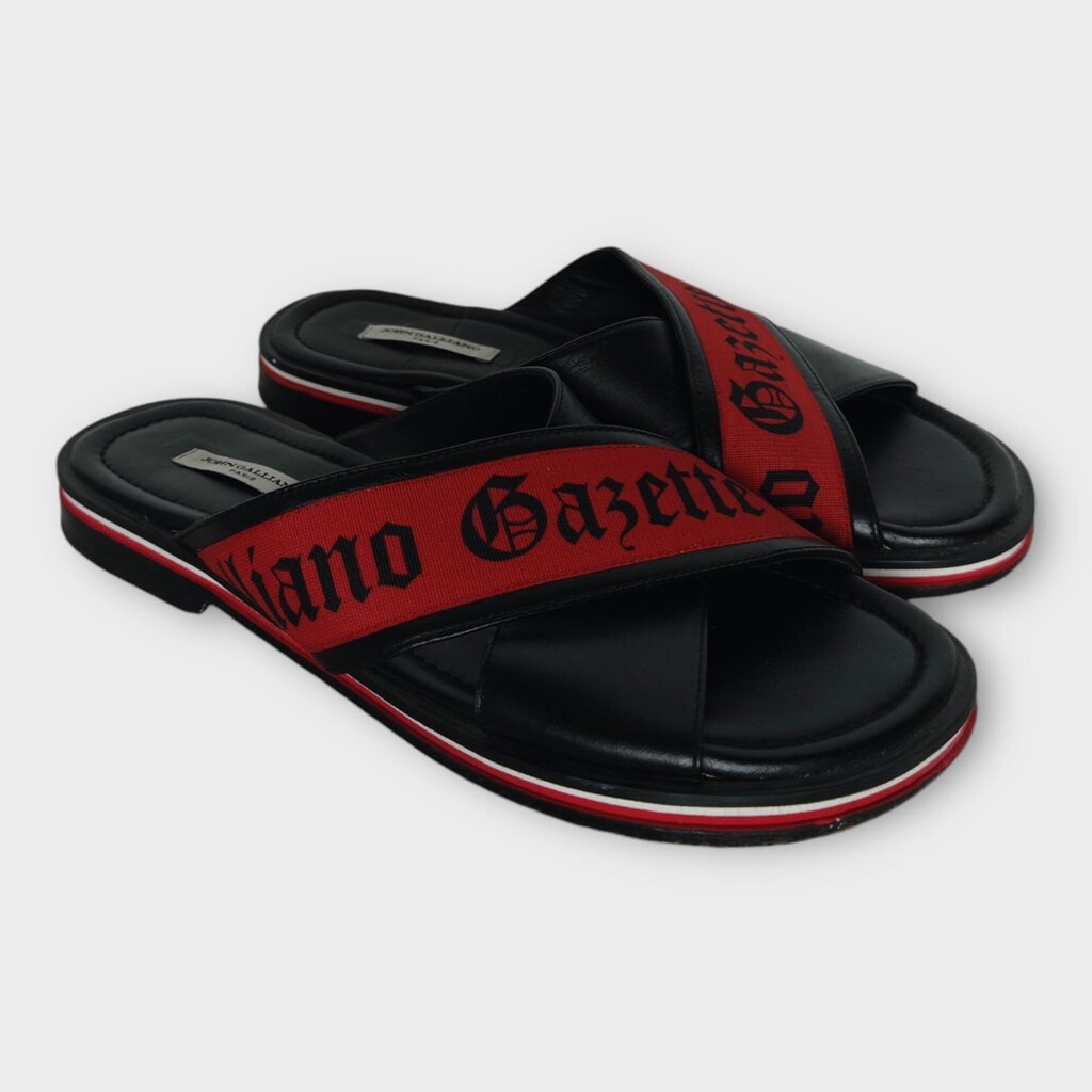 John Galliano Black Leather Red Fabric Cross Strap Sandals