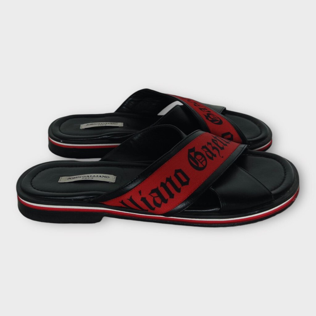 John Galliano Black Leather Red Fabric Cross Strap Sandals