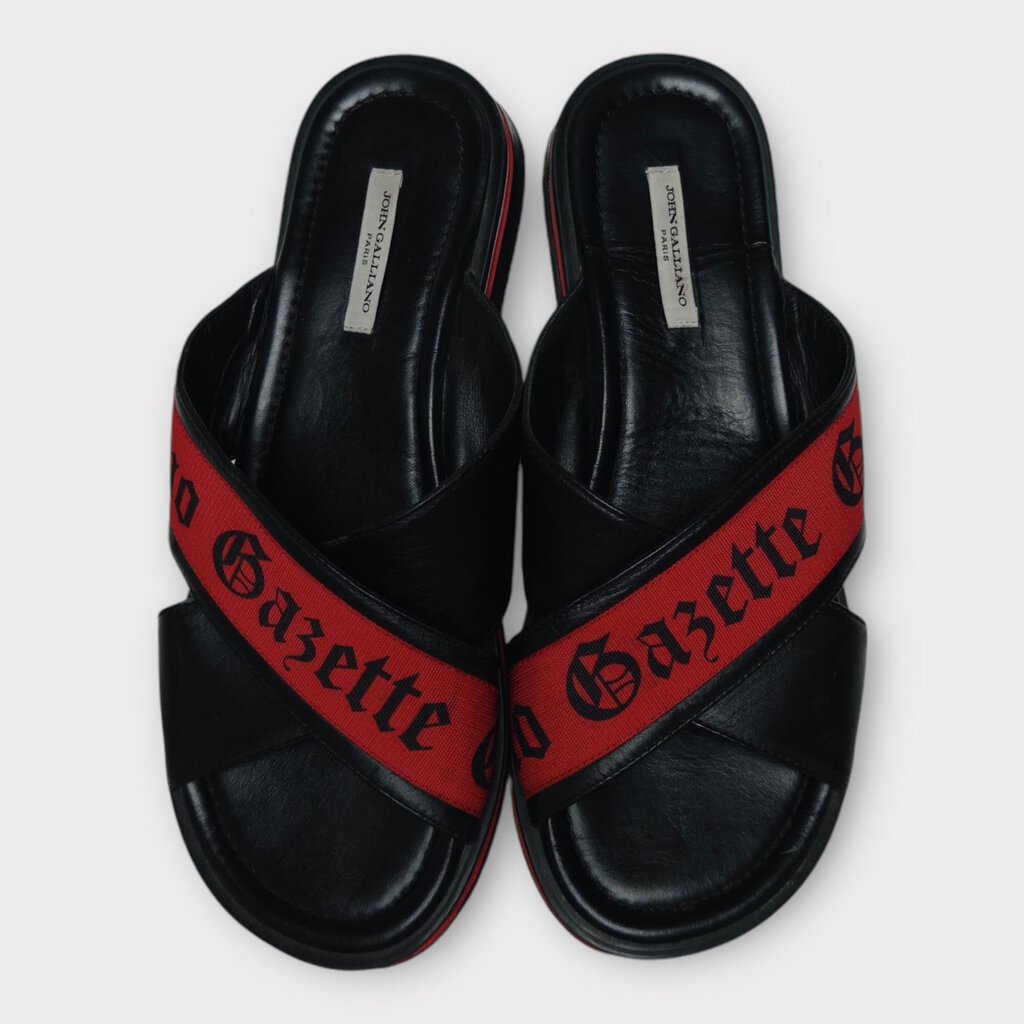 John Galliano Black Leather Red Fabric Cross Strap Sandals