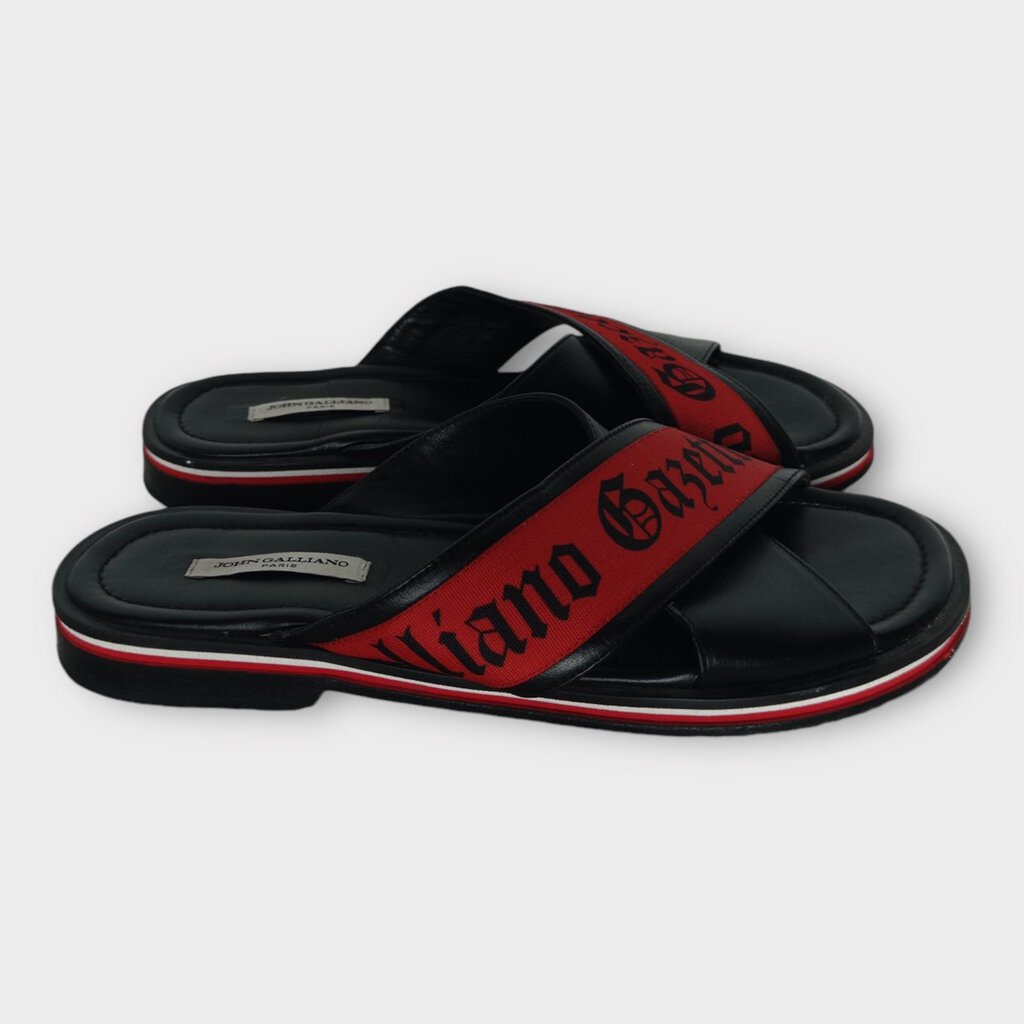 John Galliano Black Leather Red Fabric Cross Strap Sandals