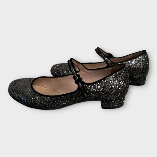 Miu Miu Gunmetal Grey Glitter Mary Jane Flats