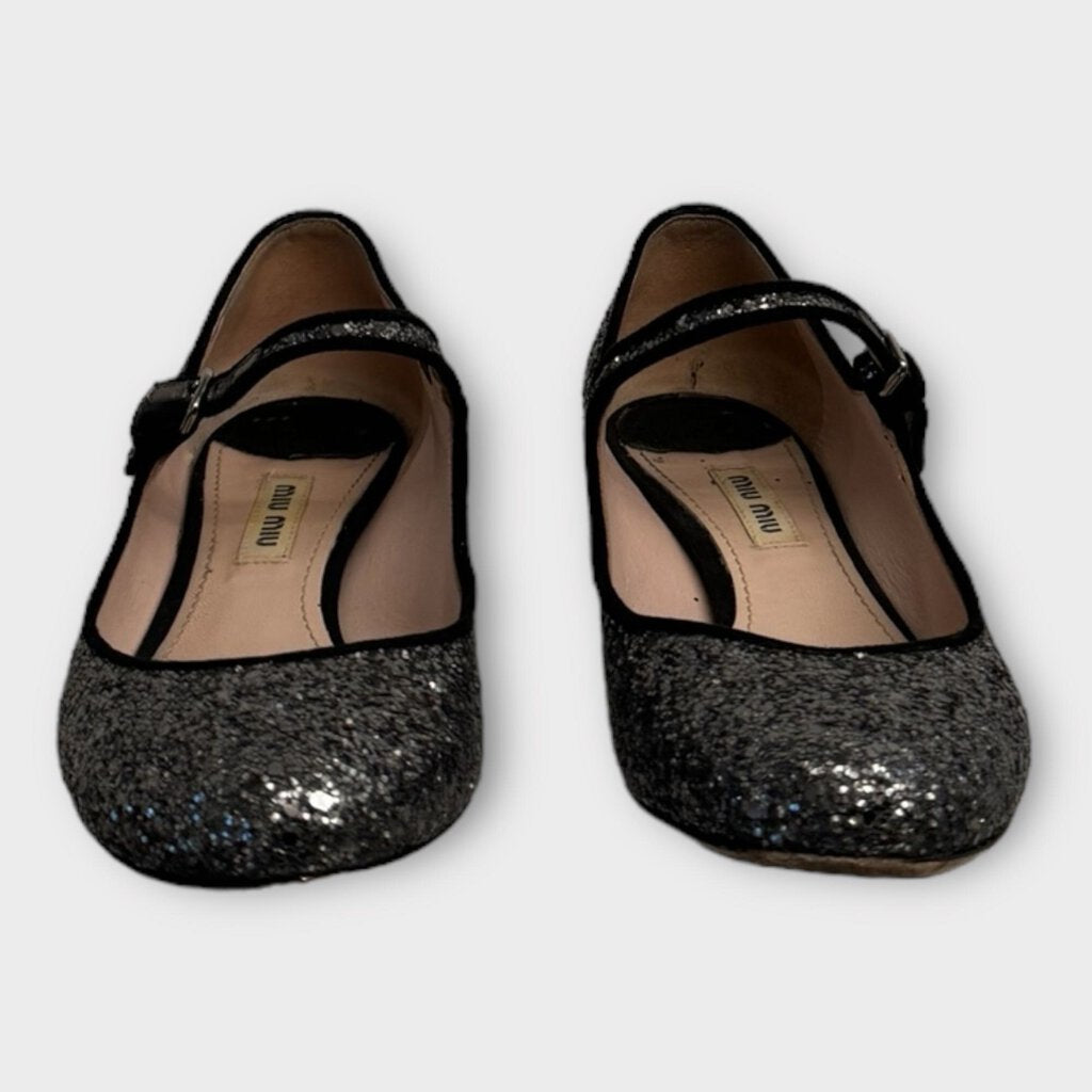 Miu Miu Gunmetal Grey Glitter Mary Jane Flats