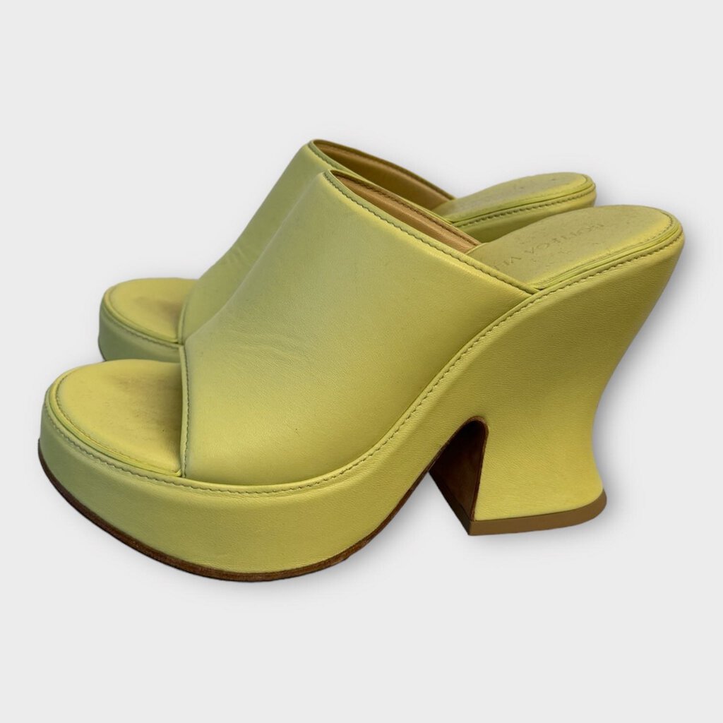 Bottega Veneta Lime Green Leather Stack Wedge Mules & Box