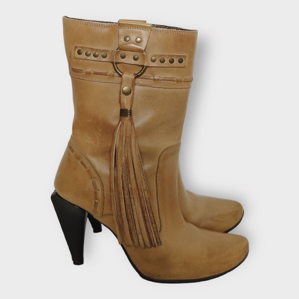 Diesel Tan Leather Tassel Heeled Boots