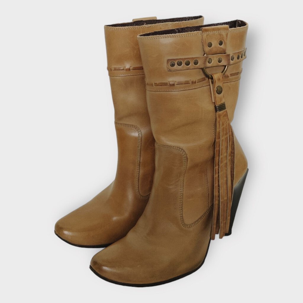 Diesel Tan Leather Tassel Heeled Boots