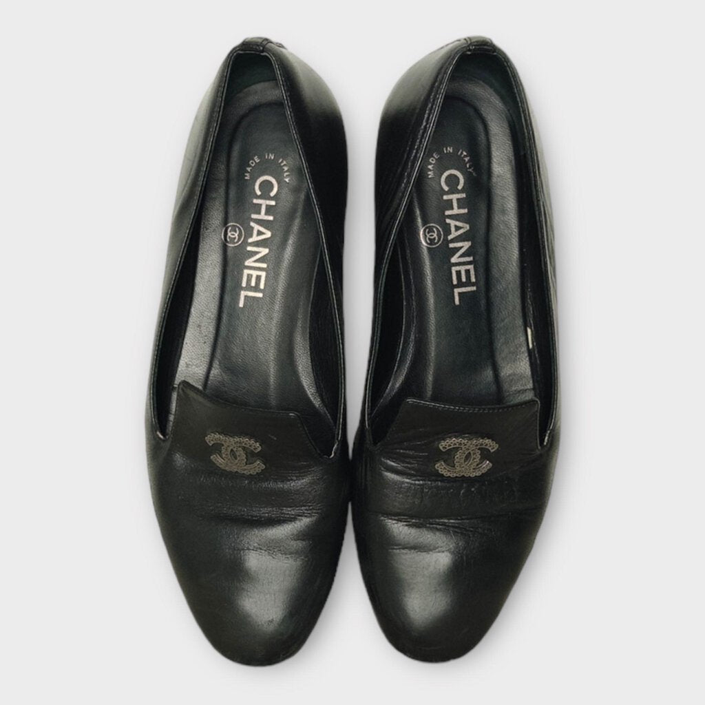 Chanel Black Leather Silver C Ballet Flat