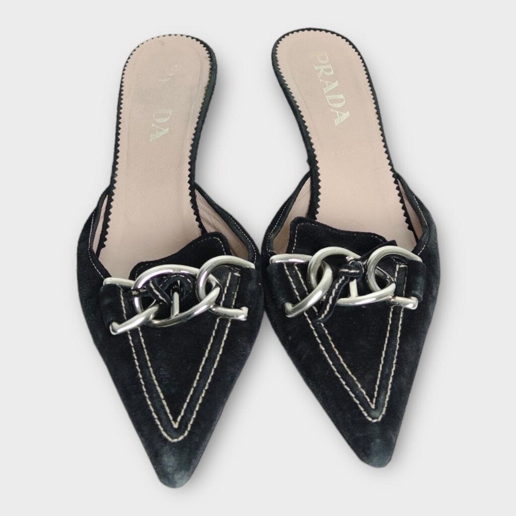 Prada Black Suede Chain Kitten Heels