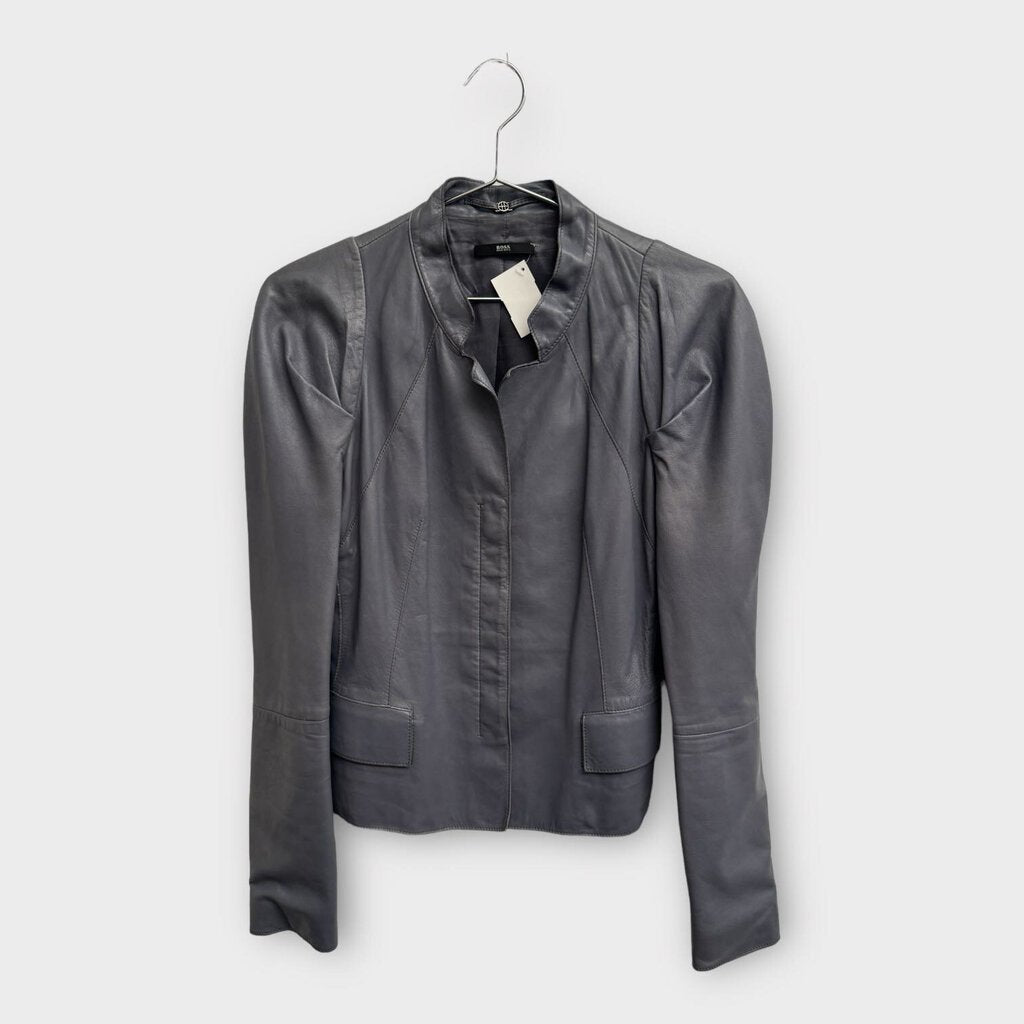 Hugo Boss Blue Leather Puff Sleeve Jacket