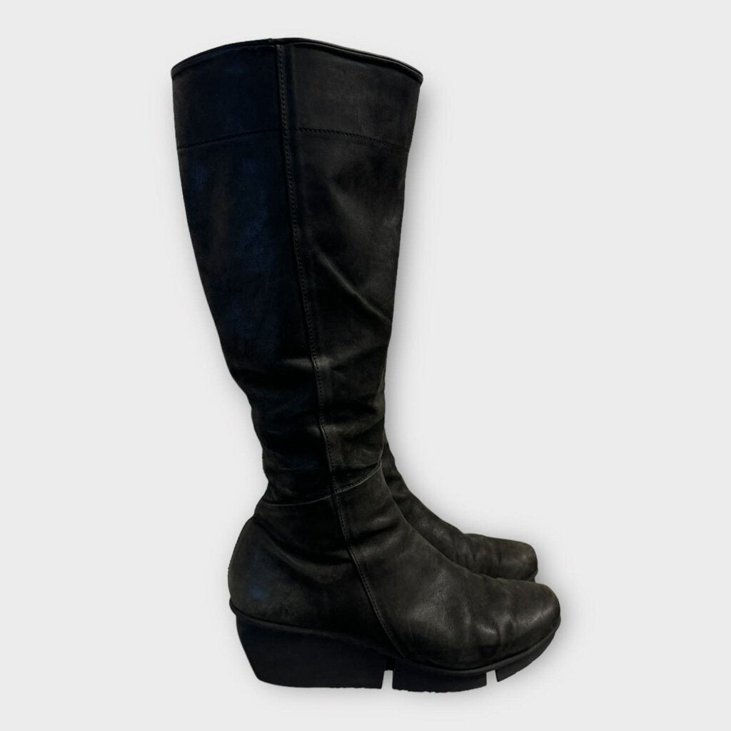 Black Leather Calf Length Wedge Boot