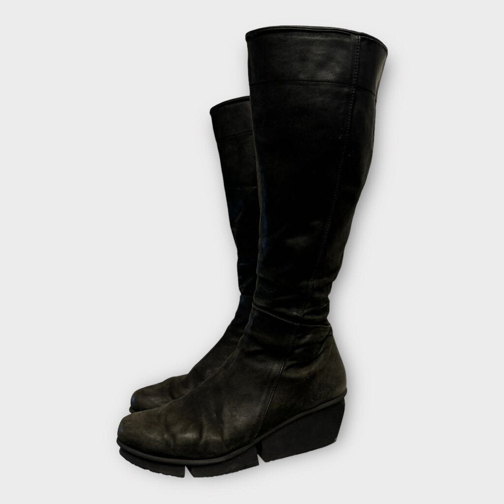 Black Leather Calf Length Wedge Boot