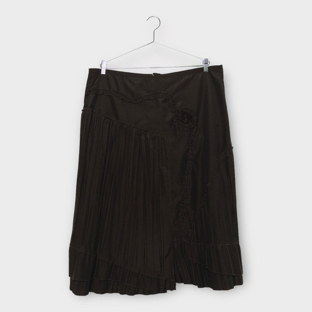 Vintage Dark Brown Pleated Rosette Detail Midi Skirt