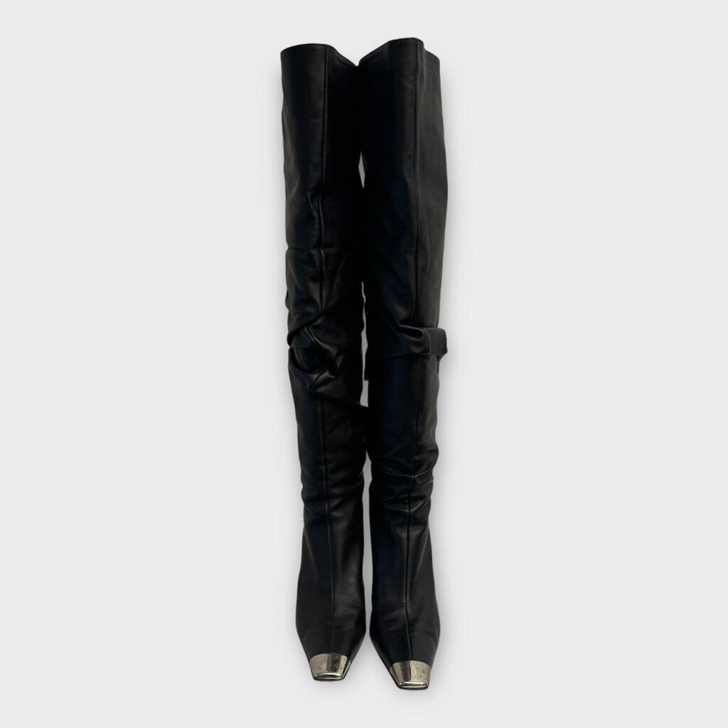 Sergio Rossi Black Metal Toe Cap Over The Knee Boots