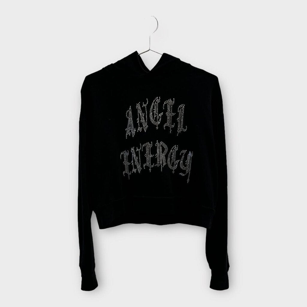 Ashley Williams Black Bedazzled Angel Energy Cropped Hoodie