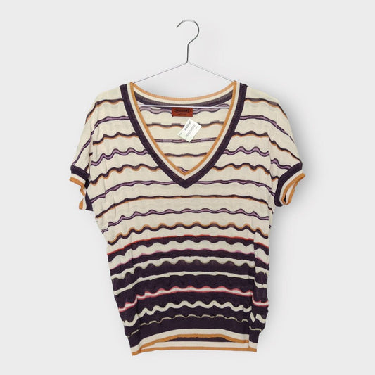 Missoni Purple Orange & Pink Stripe Textured V Neck