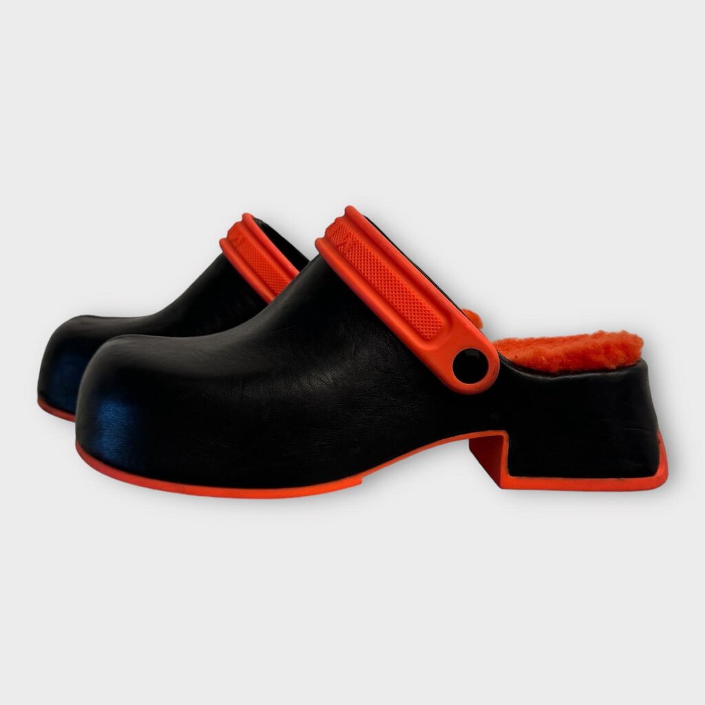 Miista Black & Orange Fleece Lined Leather Clogs