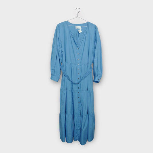 Commonry Blue Long Sleeve Button Front Belted Maxi Dress