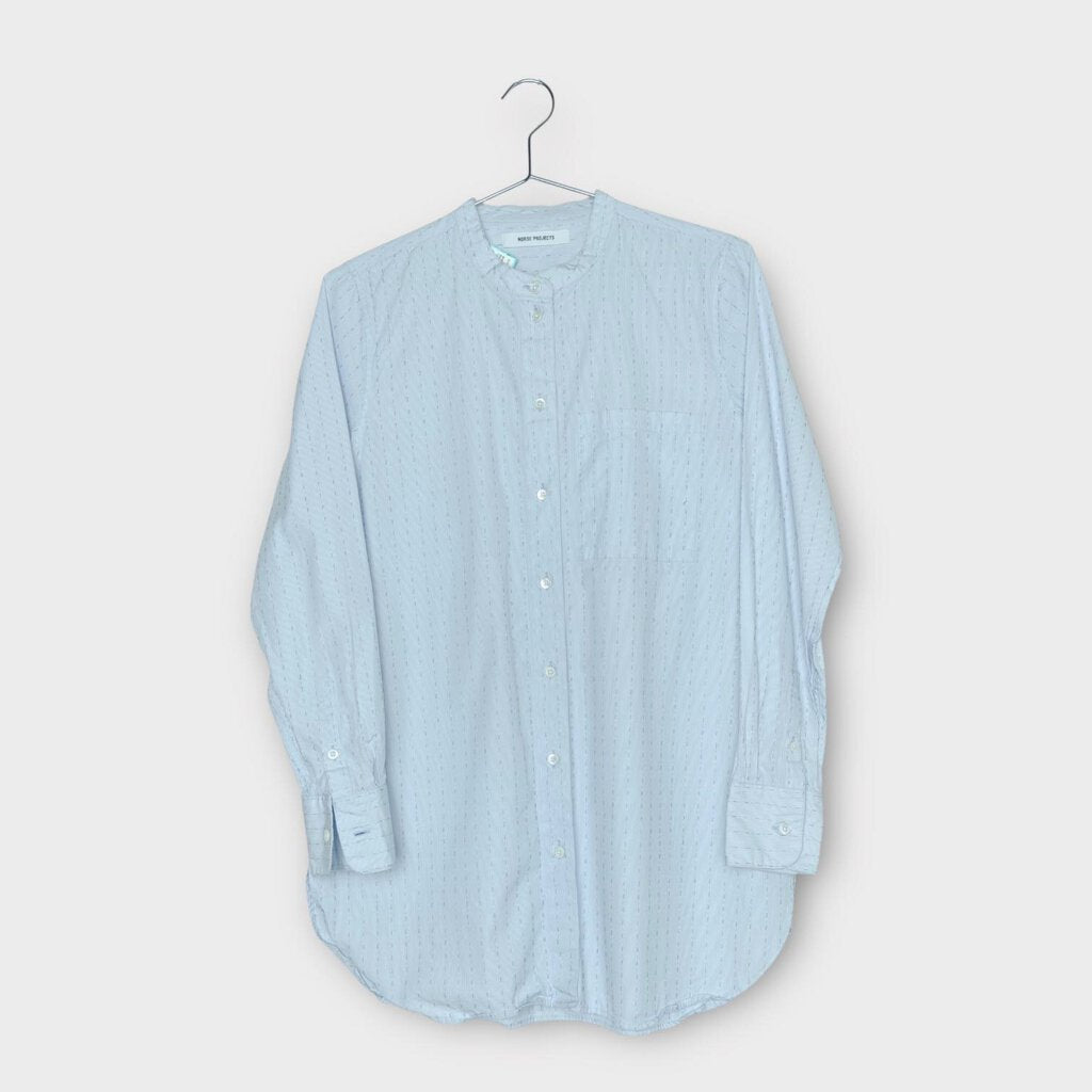 Norse Projects Light Blue Cotton Pin Stripe Collarless Shirt