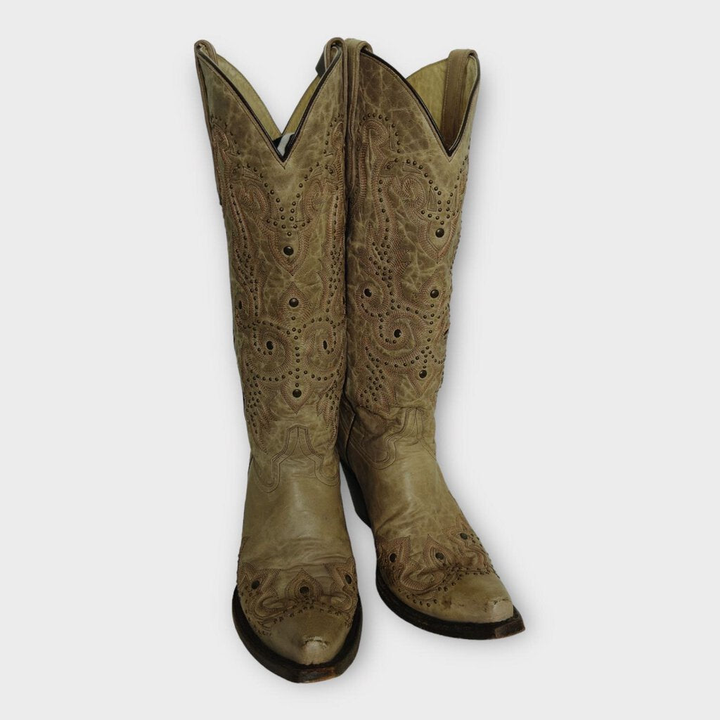 Corral Beige Leather Studded Cowboy Boots