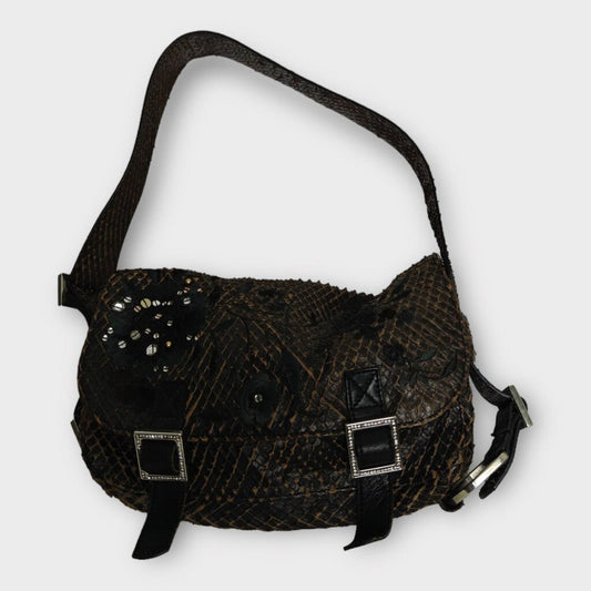 John Galliano Brown Snake Leather Embroidered Shoulder Bag