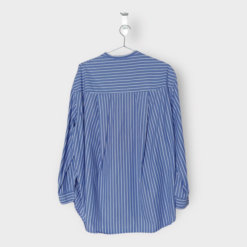 Matteau Blue & White Stripe Cotton Collarless Shirt