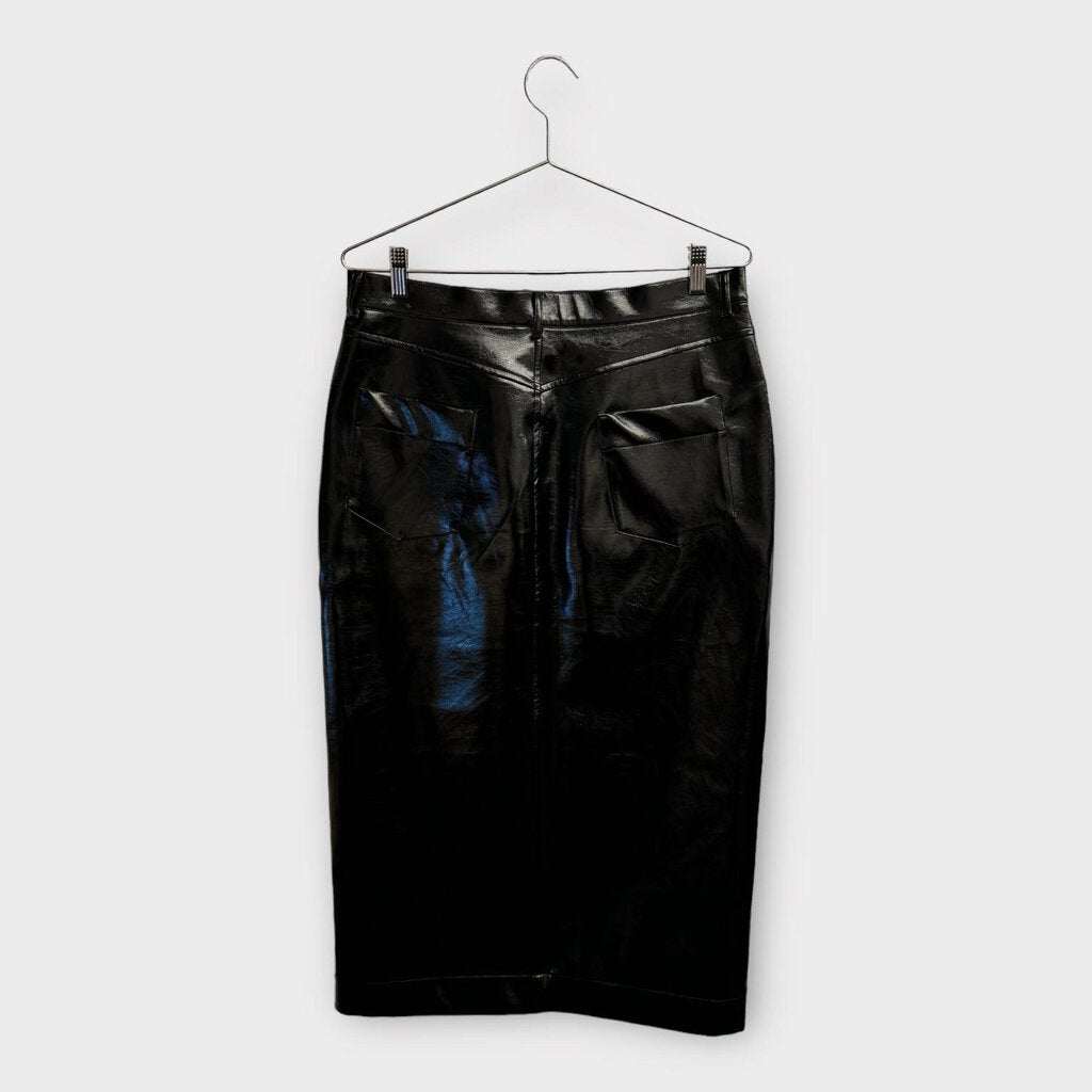 On Parks Black Faux Leather Patent Midi Skirt