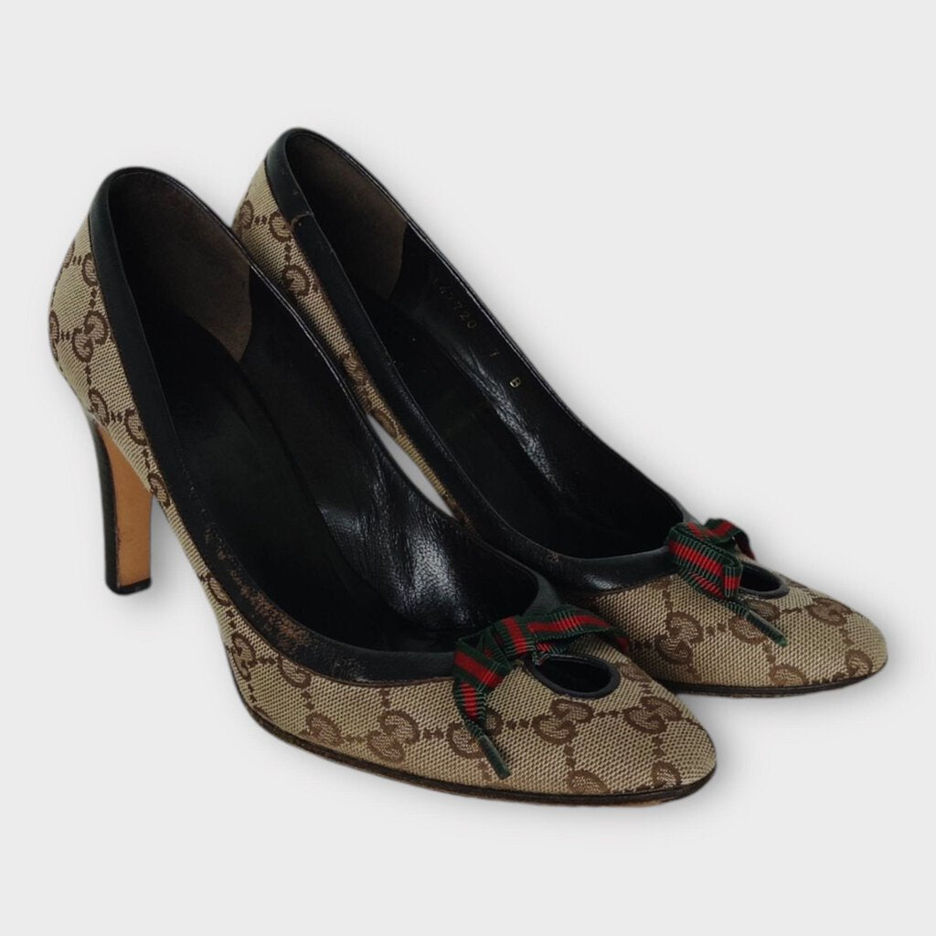 Gucci Brown Cloth Logo Monogram & Stripe Ribbon Heels