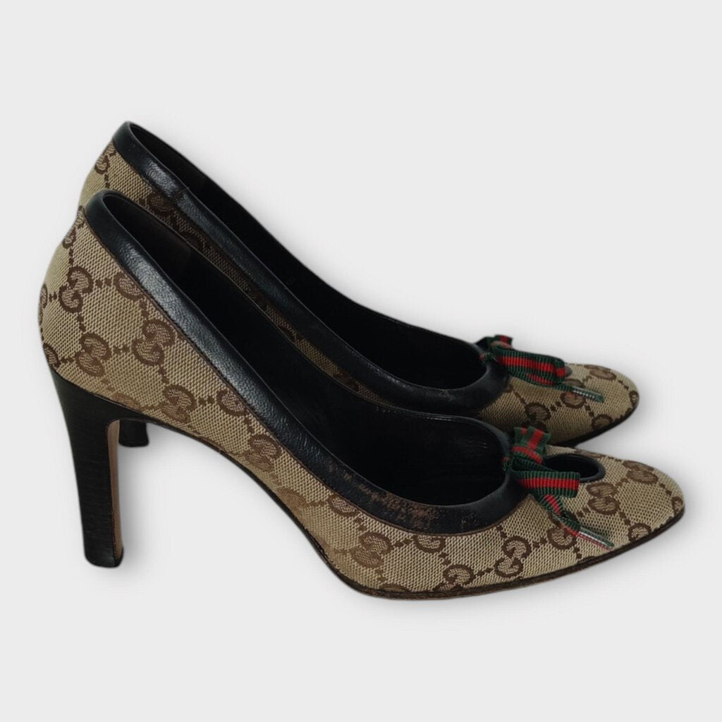 Gucci Brown Cloth Logo Monogram & Stripe Ribbon Heels