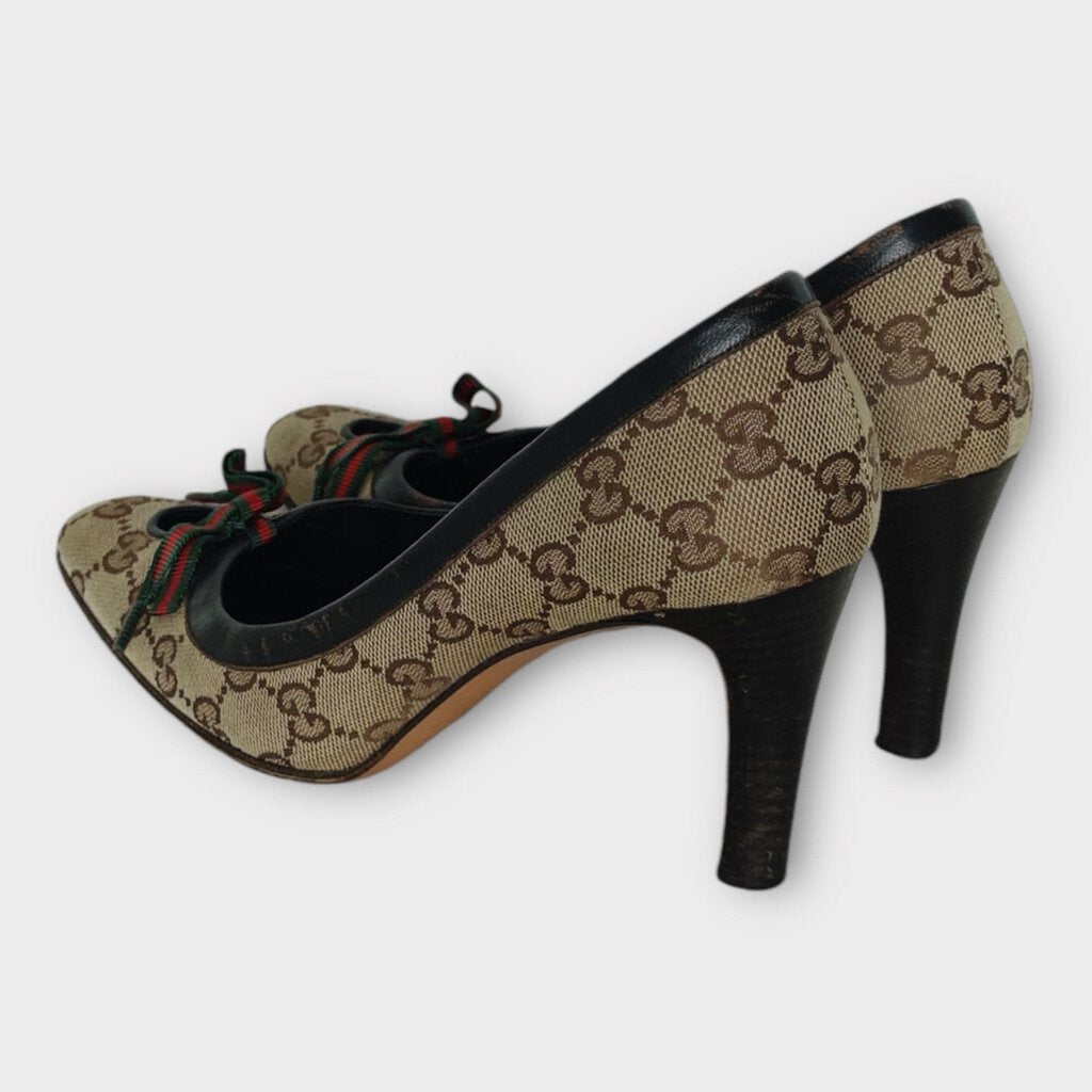 Gucci Brown Cloth Logo Monogram & Stripe Ribbon Heels