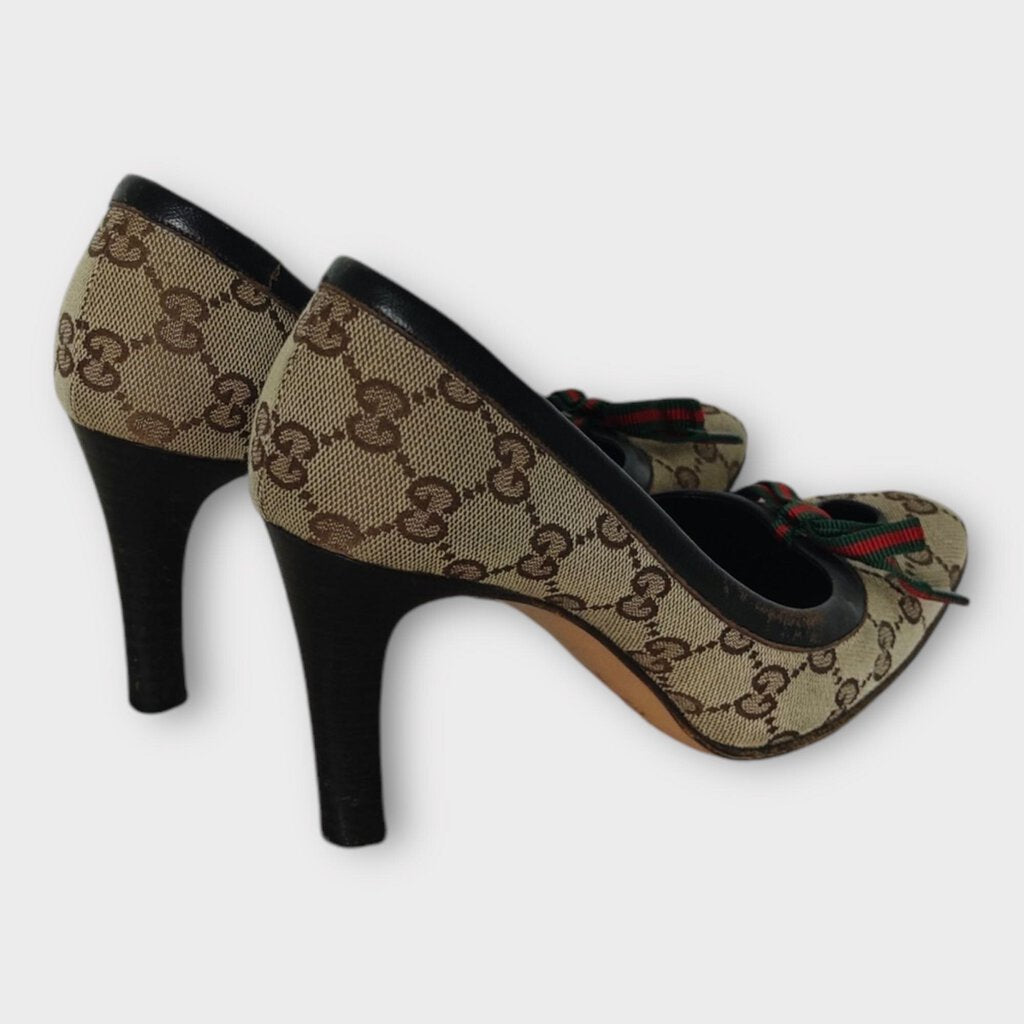 Gucci Brown Cloth Logo Monogram & Stripe Ribbon Heels