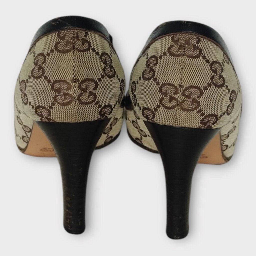 Gucci Brown Cloth Logo Monogram & Stripe Ribbon Heels