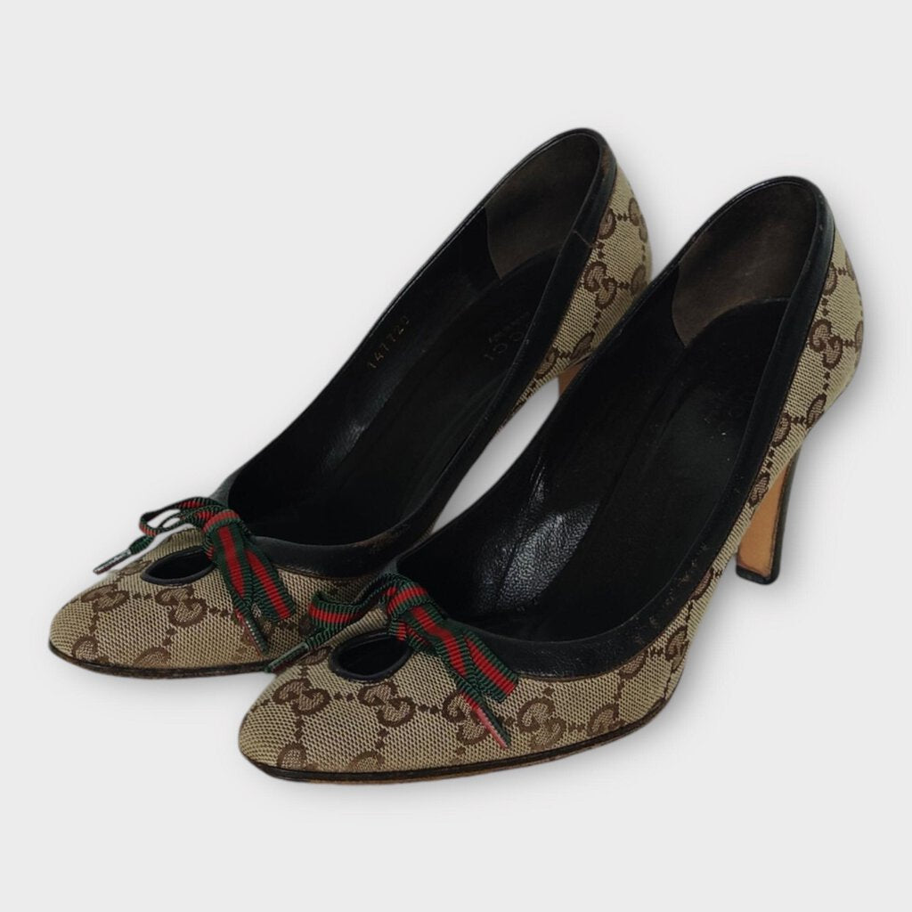 Gucci Brown Cloth Logo Monogram & Stripe Ribbon Heels