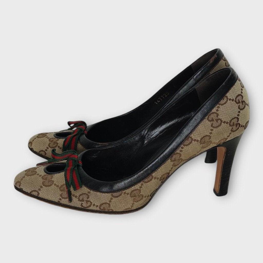 Gucci Brown Cloth Logo Monogram & Stripe Ribbon Heels