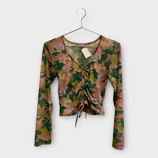 Holiday Green Mesh Hibiscus Print Top