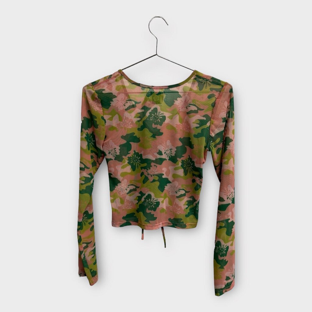 Holiday Green Mesh Hibiscus Print Top