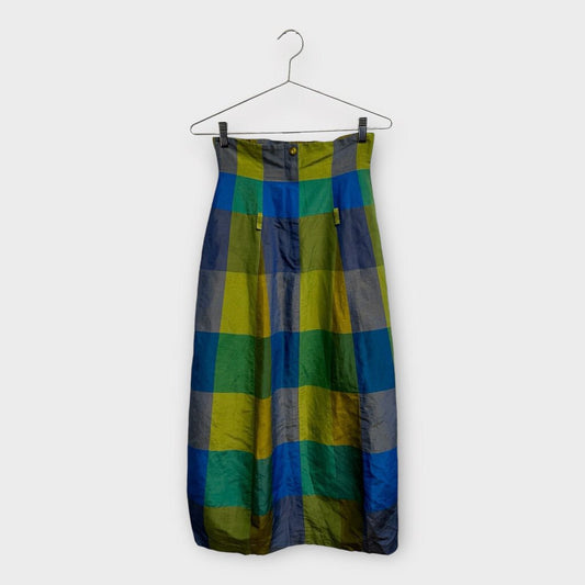 Kenzo Green & Blue Linen Silk Checkered High Waist Maxi Skirt