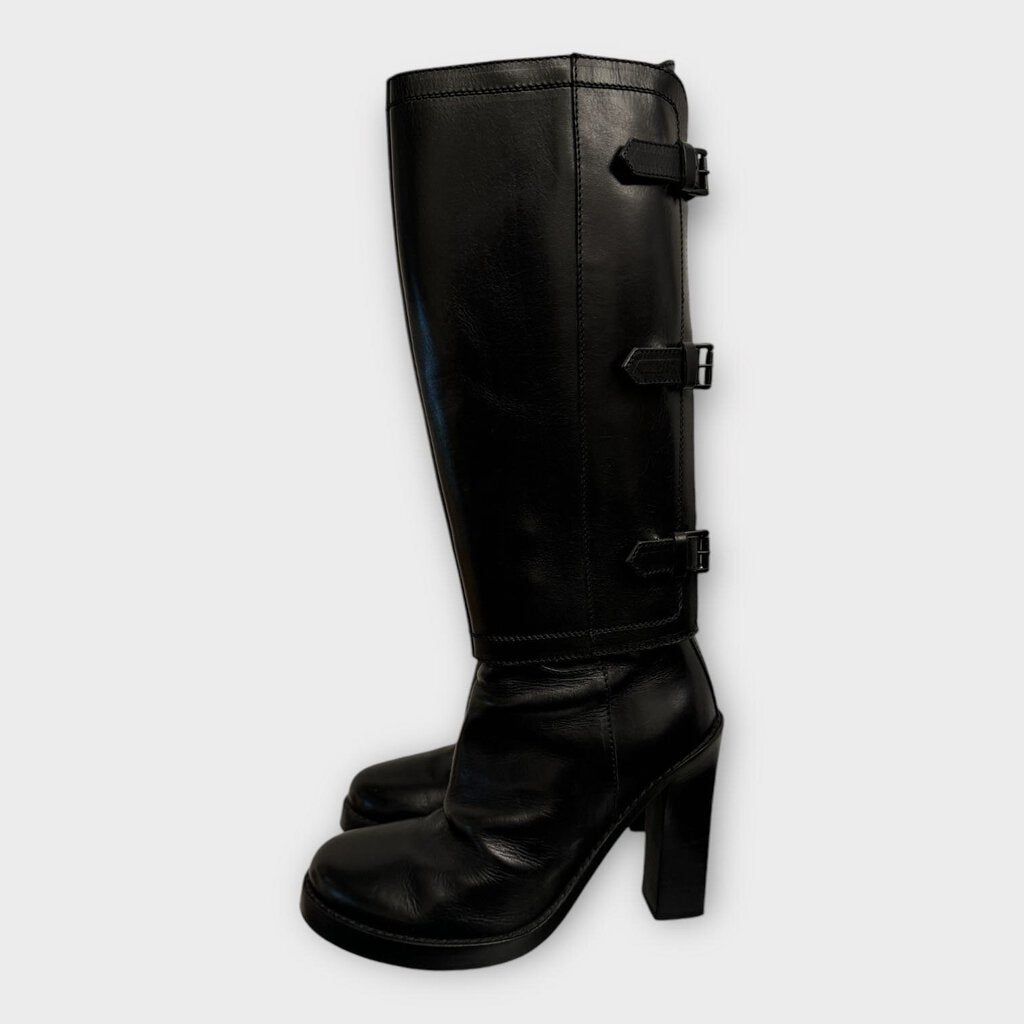 Ann Demeulemeester Black Leather Heeled Boots with Spats